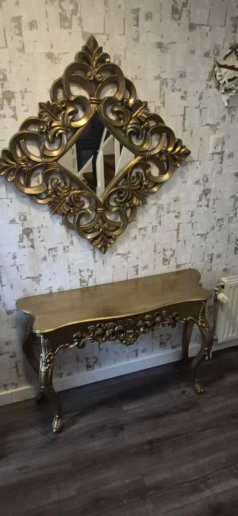 Barok Sidetabel en Spiegel Set - Goudkleurig, Huis en Inrichting, Tafels | Sidetables, Ophalen, Overige materialen, Gebruikt, Barok