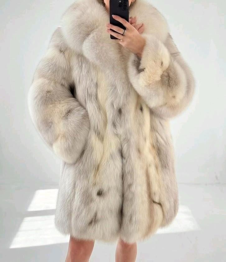 Echte Bontjas Lynx Fox Fur Coat Grijs Wit Poolvos/Blauwvos, Kleding | Dames, Jassen | Winter, Ophalen of Verzenden, Zo goed als nieuw