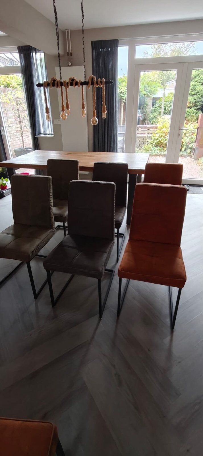 Eetkamerstoelen set van 6 - Merk: van Bommel., Ophalen, Gebruikt, Bruin, Stof