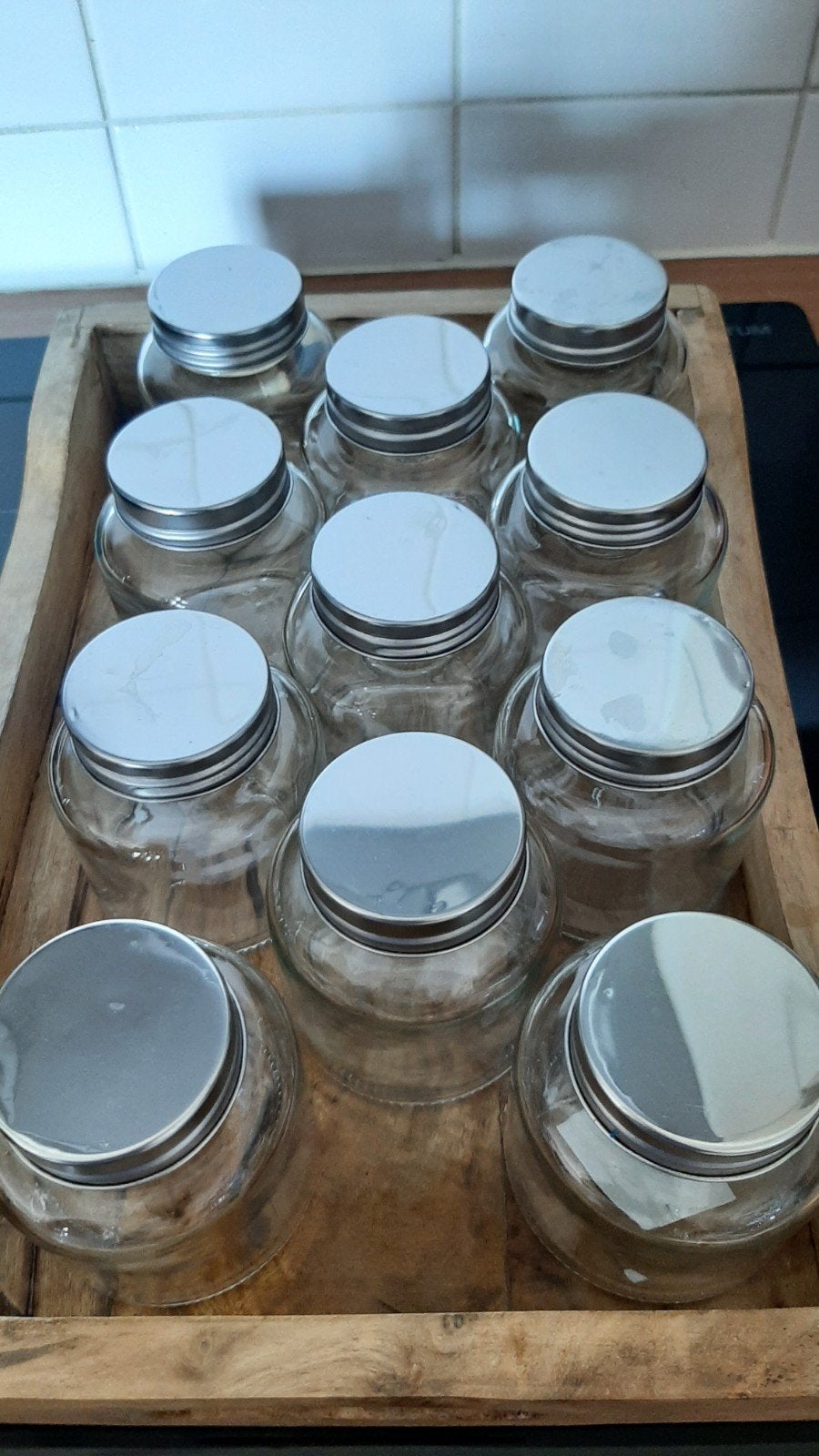 11 glazen potjes, kruidenpotjes met schroefdeksel, Ophalen of Verzenden, Gebruikt, Glas, Pot, Bus of Blik