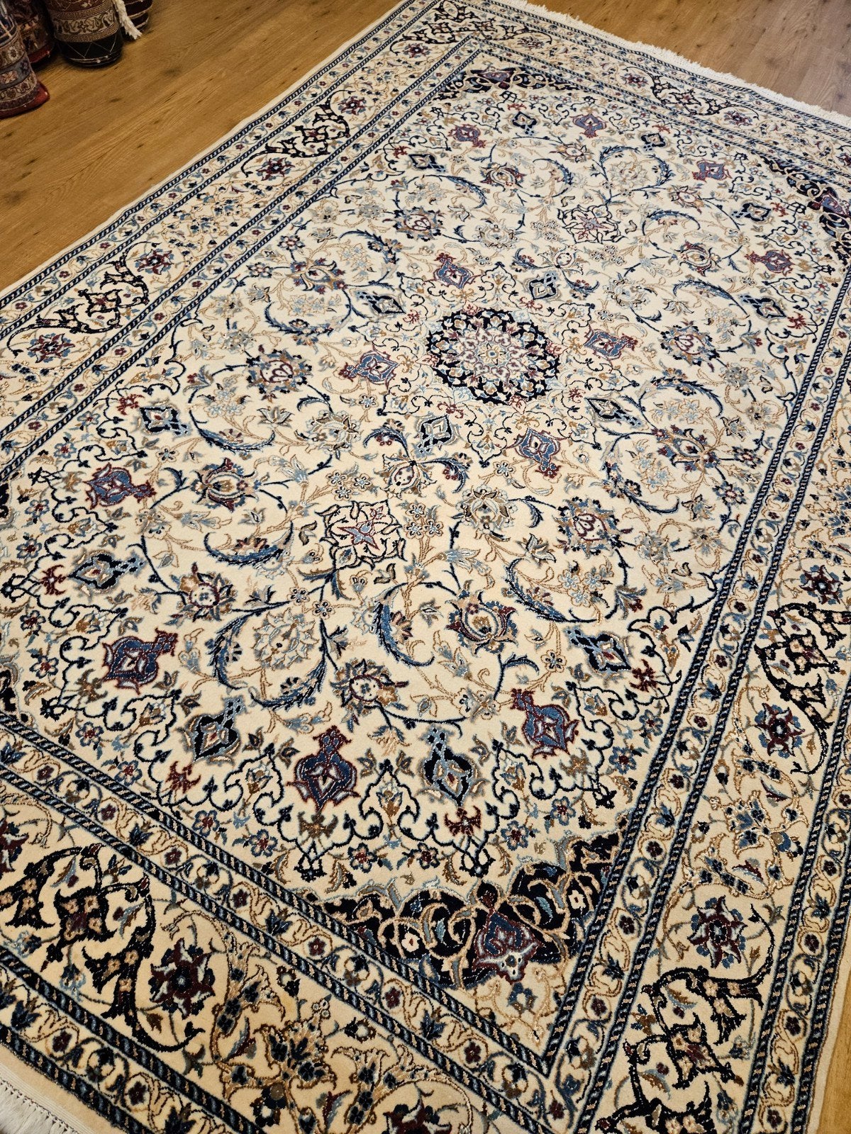 Vintage handgeknoopt perzisch tapijt nain 313x198, Info@SlatsAntiek.nl, Tweedehands, Blauw, 100 tot 150 cm