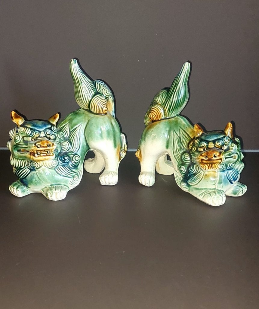 2 Vintage Set Keramiek Foo Dogs / Shisa Beelden (17 cm), Ophalen of Verzenden, Zo goed als nieuw, Dier