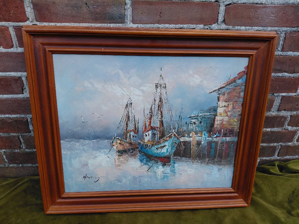 Schilderij havengezicht met vissersschepen., Antiek en Kunst, Maritiem / water, Doek, Ophalen of Verzenden, Gesigneerd