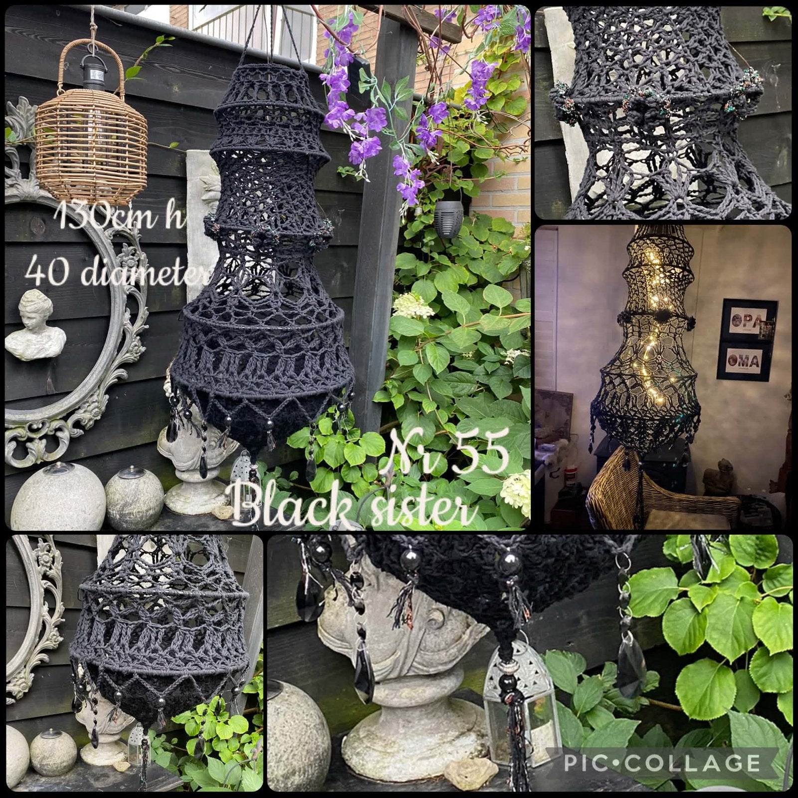 Zwarte gehaakte hanglamp 'kroonluchter ' - 130cm hoog, Huis en Inrichting, Lampen | Overige, Ophalen, Bohemian, Zwart, Textiel