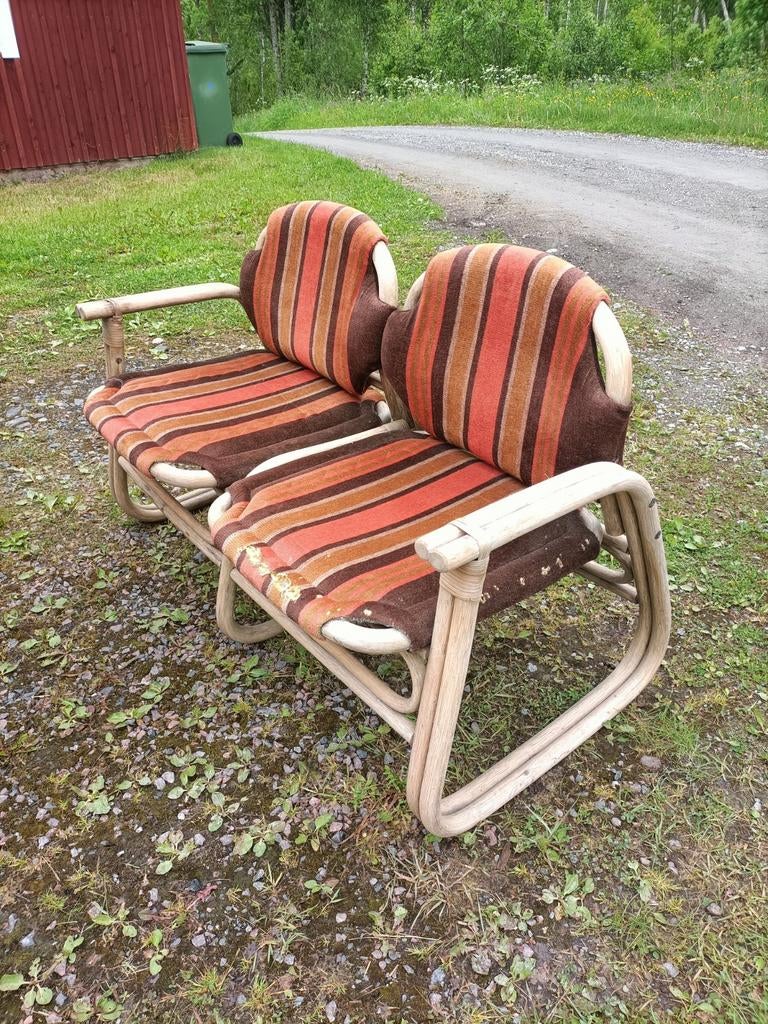 Vintage rotan bankje uit Zweden - Rotan en stof, Ophalen, Vintage, Retro, Scandinavisch, Gebruikt, Minder dan 75 cm