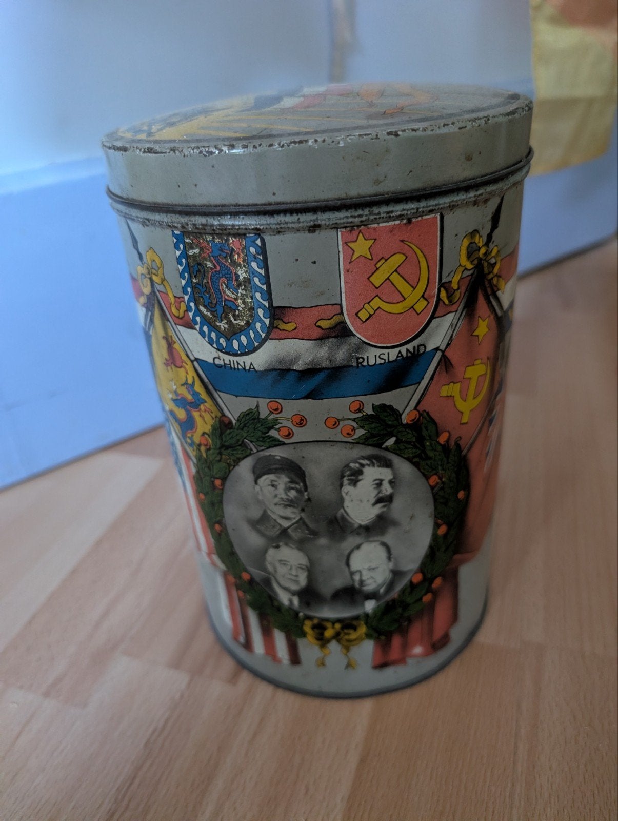 Vintage blik WOII geallieerde leiders en vlaggen 1939-1945, Ophalen of Verzenden
