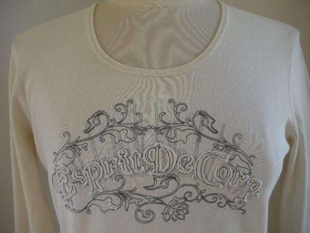 ESPRIT t- shirt beige grijs borduur en strass maat L, Maat 38/40 (M), Beige, Ophalen of Verzenden, Zo goed als nieuw