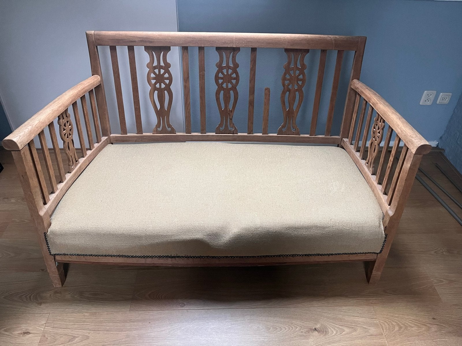 Brocante houten bank met beklede zitting, Antiek en Kunst, Ophalen