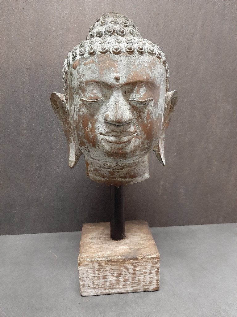 bronzen Boeddhahoofd op houten voet/37 cm, Ophalen of Verzenden, Nieuw, Overige materialen, 37 cm