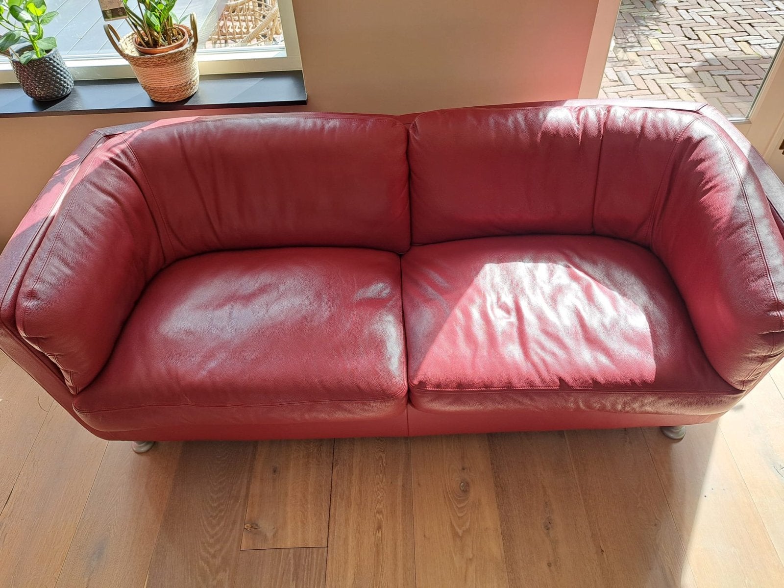 Skyleer rode leren bank, Ophalen, Gebruikt, Tweepersoons, 200 tot 250 cm