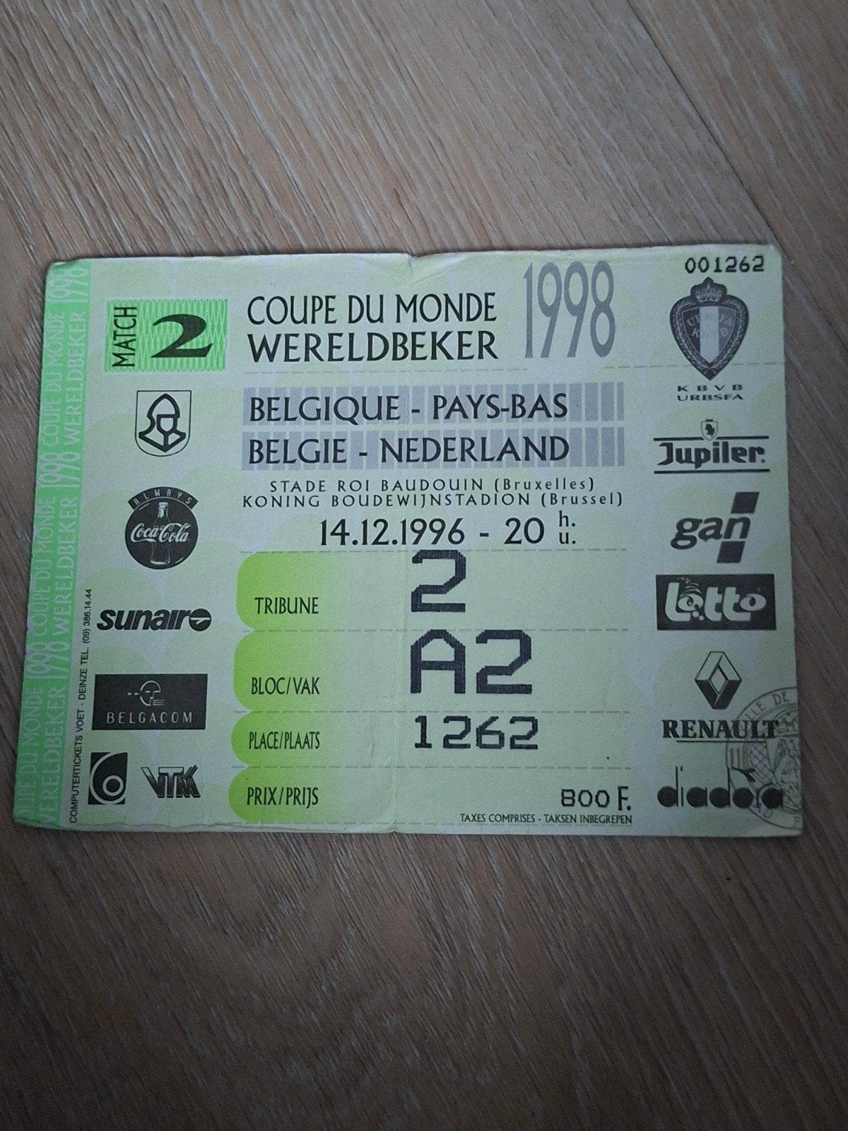 Belgie - Nederland Voetbal Ticket 14-12-1996, Ophalen of Verzenden, Overige typen