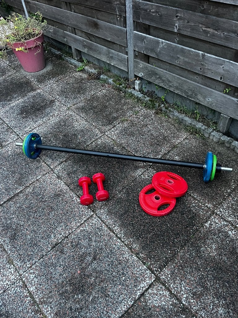 Body Pump set: halterstang, gewichten en dumbbells, Ophalen, Gebruikt, Benen, Halterset
