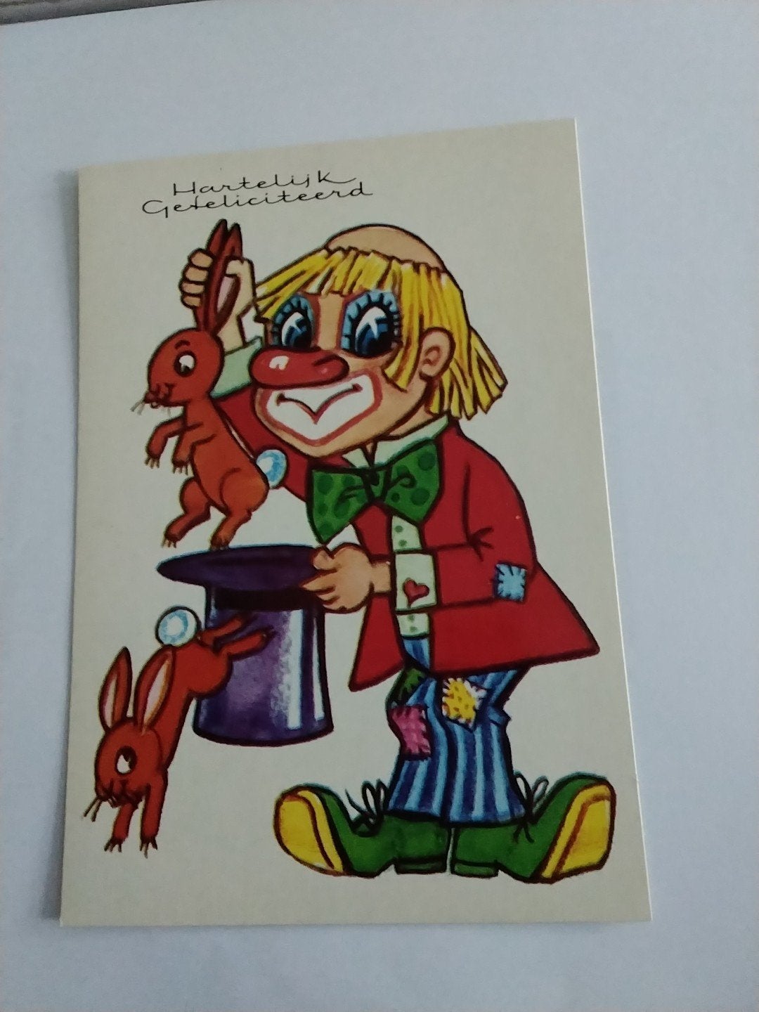 Vintage: Clown met Konijnen - 'Hartelijk Gefeliciteerd, Ophalen of Verzenden, 1960 tot 1980, Ongelopen