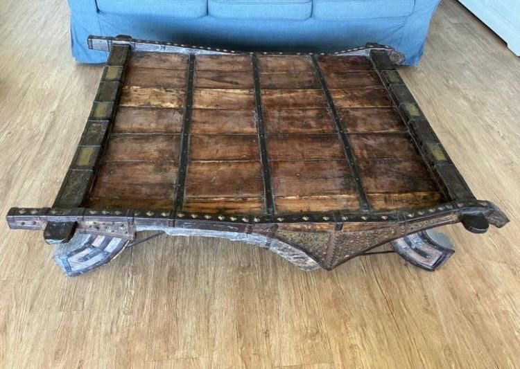 Authentieke ossenkar india vintage shabby chic salontafel, Ophalen, Gebruikt, 100 tot 150 cm, 50 tot 100 cm