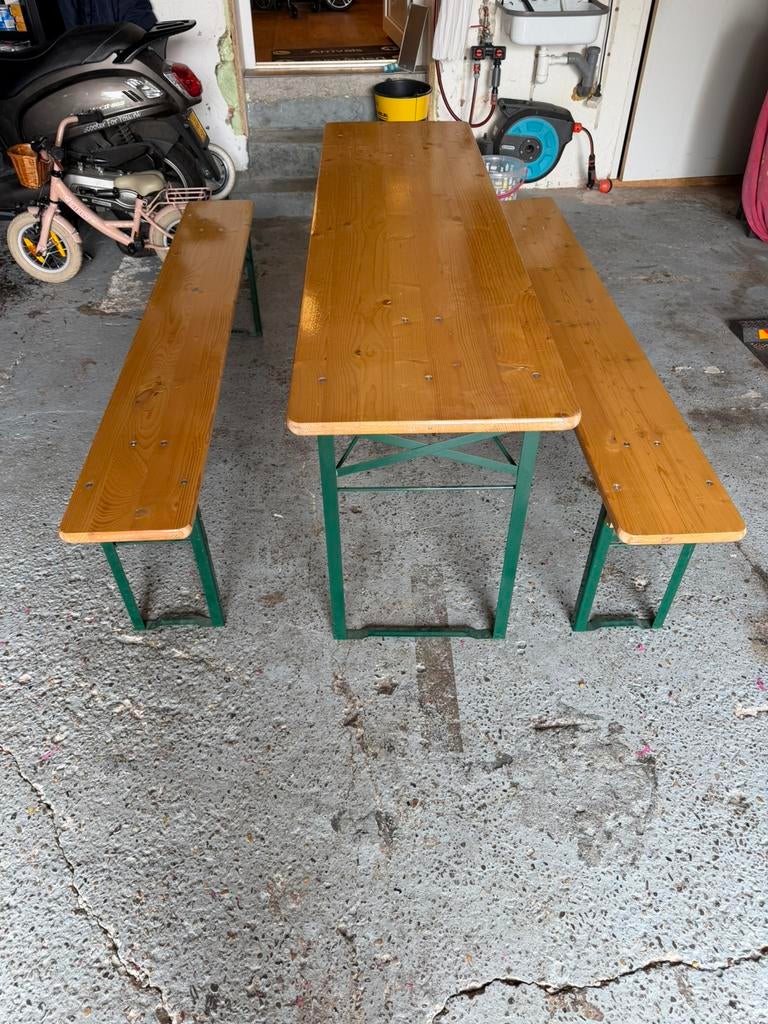 Biertafel set 180cm, Ophalen, Zo goed als nieuw, Rechthoekig, Hout