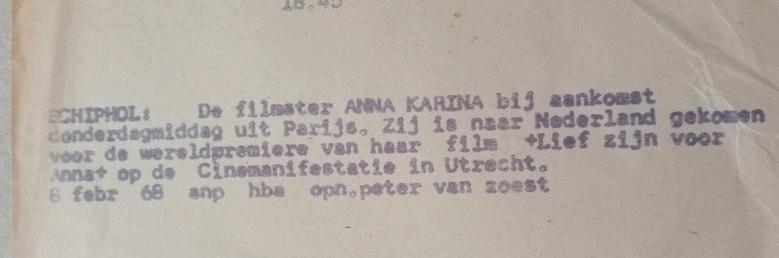 Anna Karina Schiphol 1968 Persfoto, Verzenden, 1960 tot 1980, Gebruikt, Overige onderwerpen