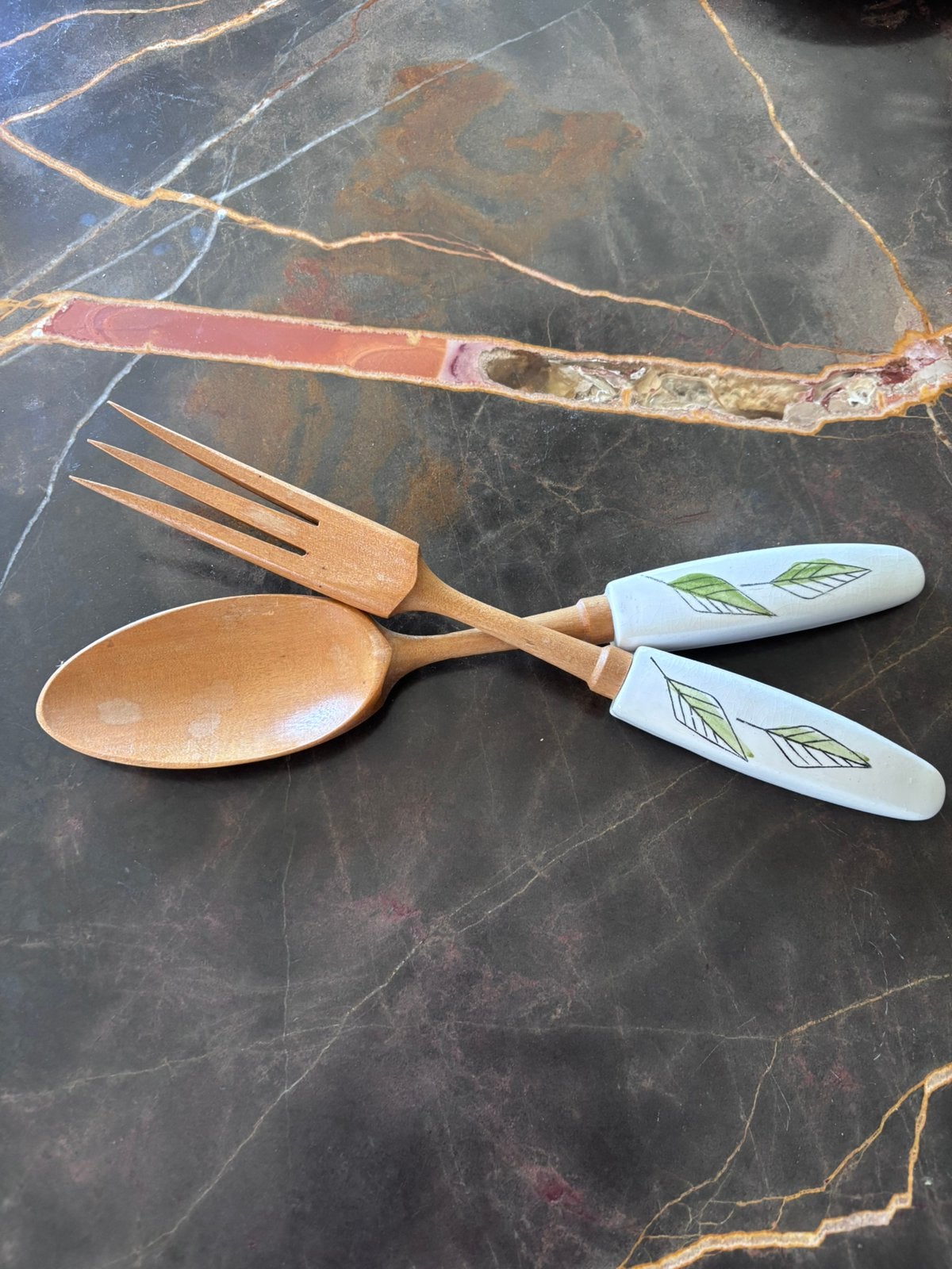 Vintage handgeschilder slabestek, bestek lepel en vork, Ophalen of Verzenden