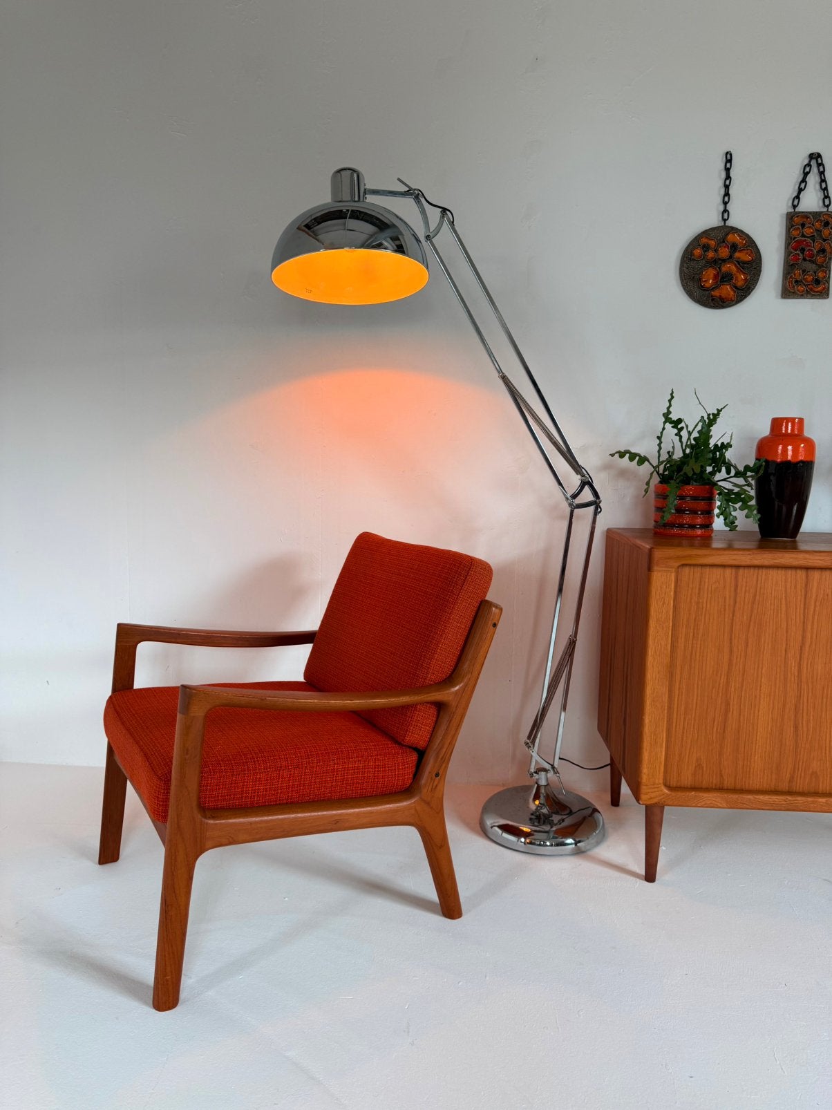 Vintage verstelbare chromen architectenlamp ‘80, Kunststof, Vintage retro buisframe design rotan webbing papercord deens, Zo goed als nieuw