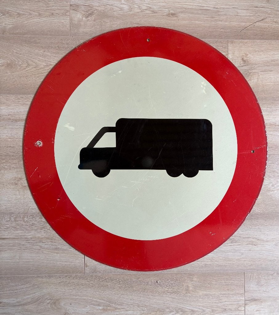 Groot verkeersbord verboden voor vrachtwagens diameter 80 cm, Ophalen, Gebruikt