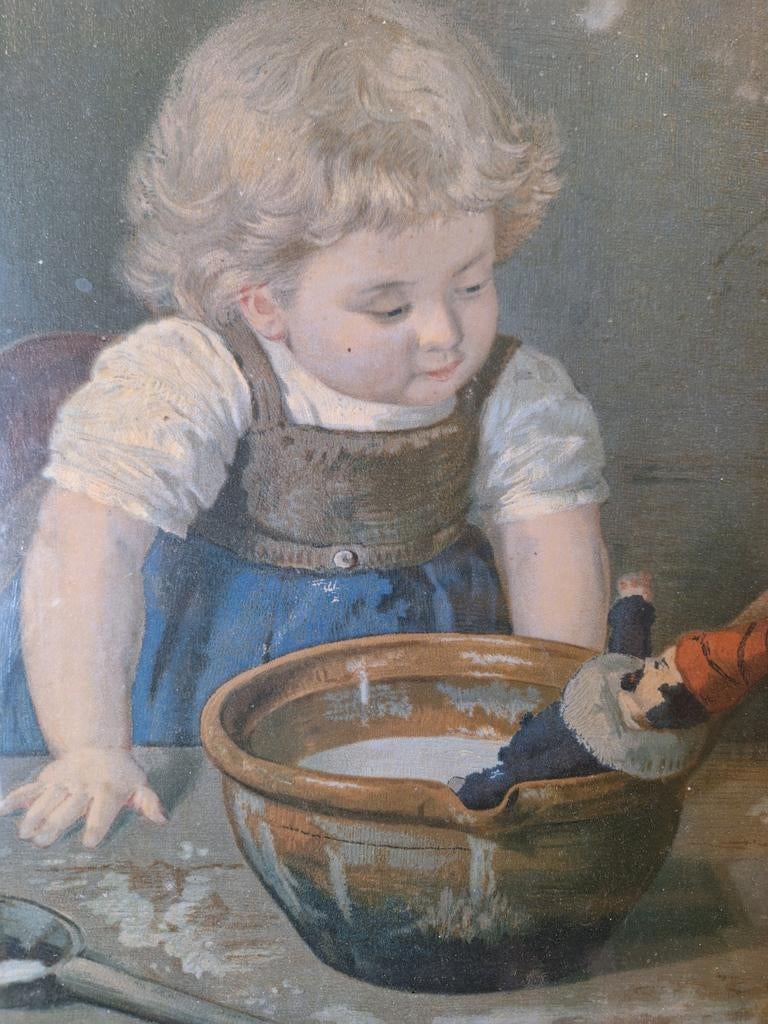 Schilderij kind met pop en kom gustav bregenzer, Ophalen of Verzenden