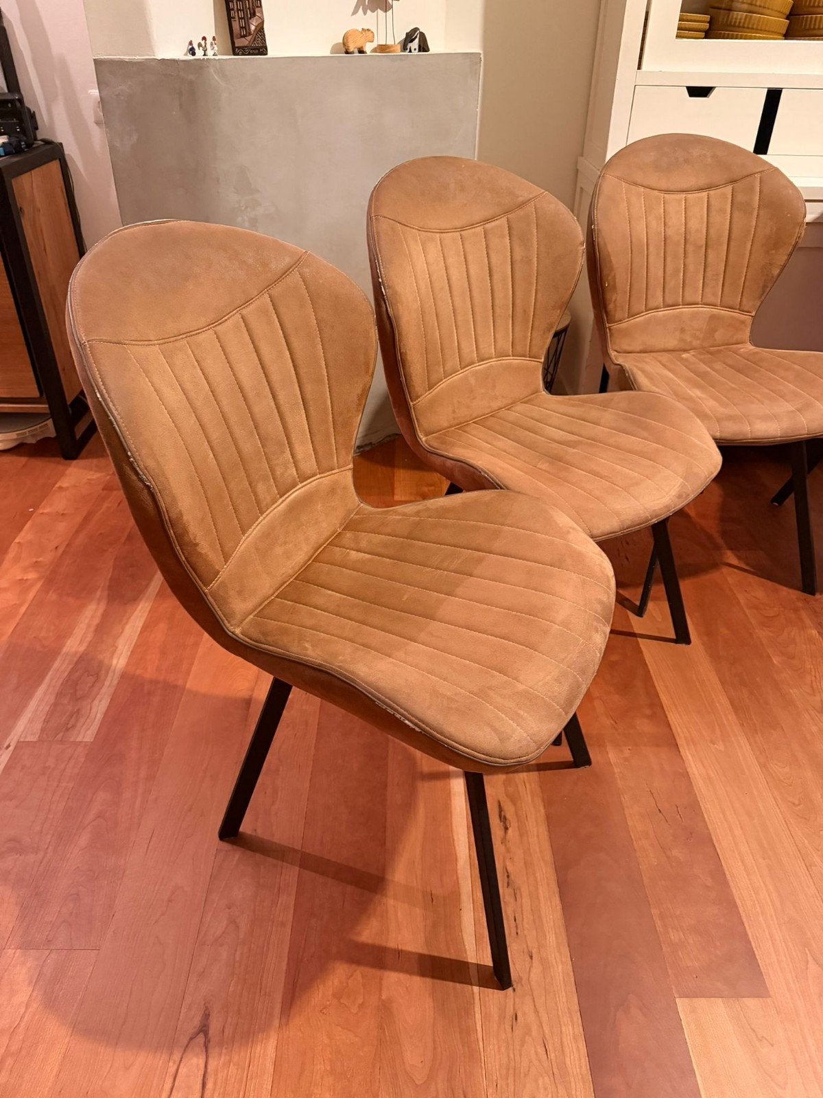 Set van 6 bruine eetkamerstoelen, Huis en Inrichting, Stoelen, Ophalen, Gebruikt, Bruin, Stof