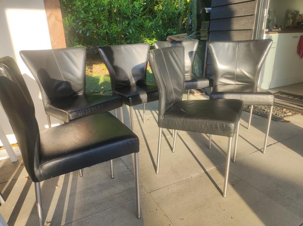 Zwarte leren eetkamerstoelen. 6 stuks, Huis en Inrichting, Stoelen, Ophalen, Gebruikt, Zwart, Vier