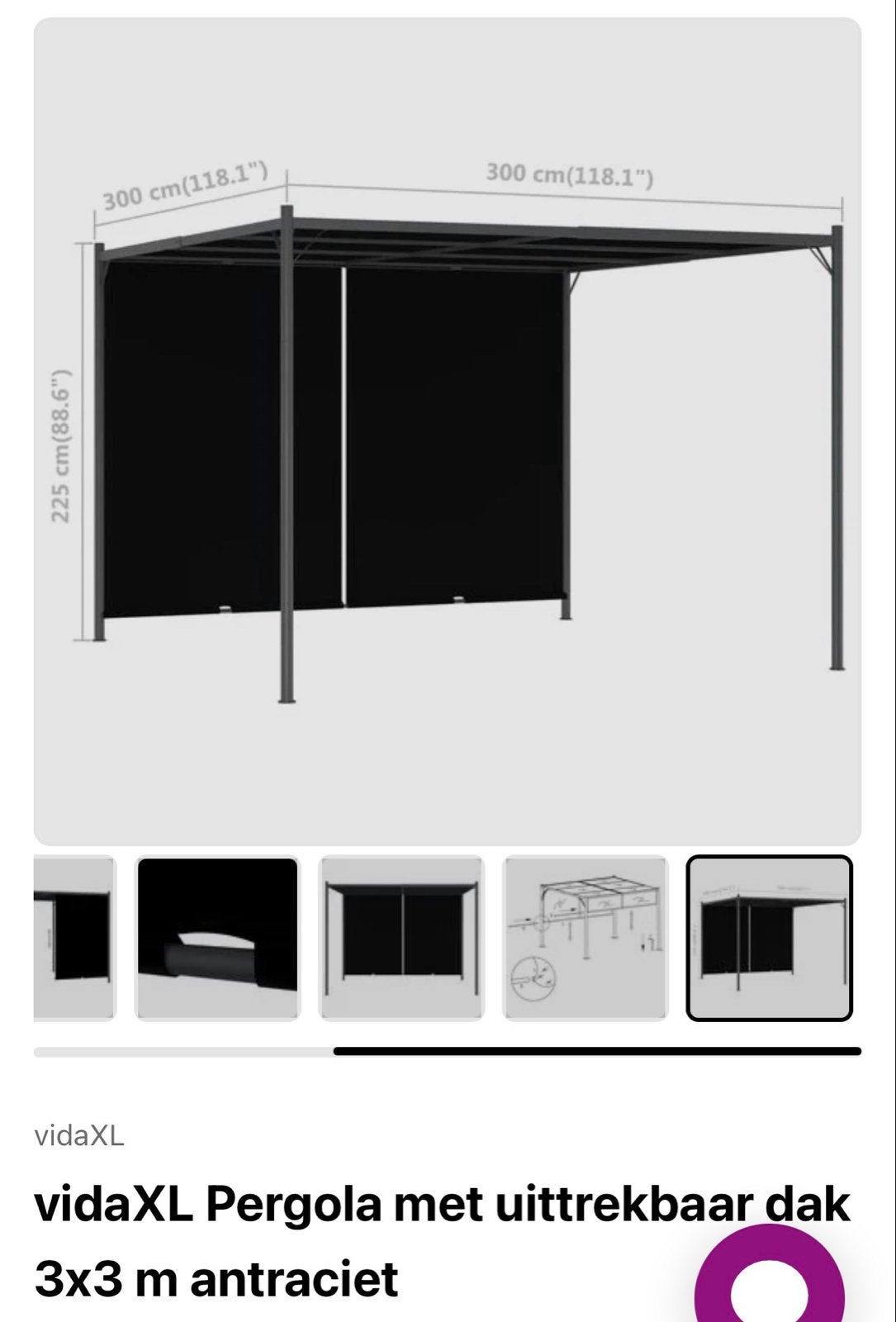 Pergola 3x3 met uitschuifbaar dak (zonwerend, waterdicht), Tuin en Terras, Overkappingen, Ophalen, Zo goed als nieuw, Tuinpaviljoen