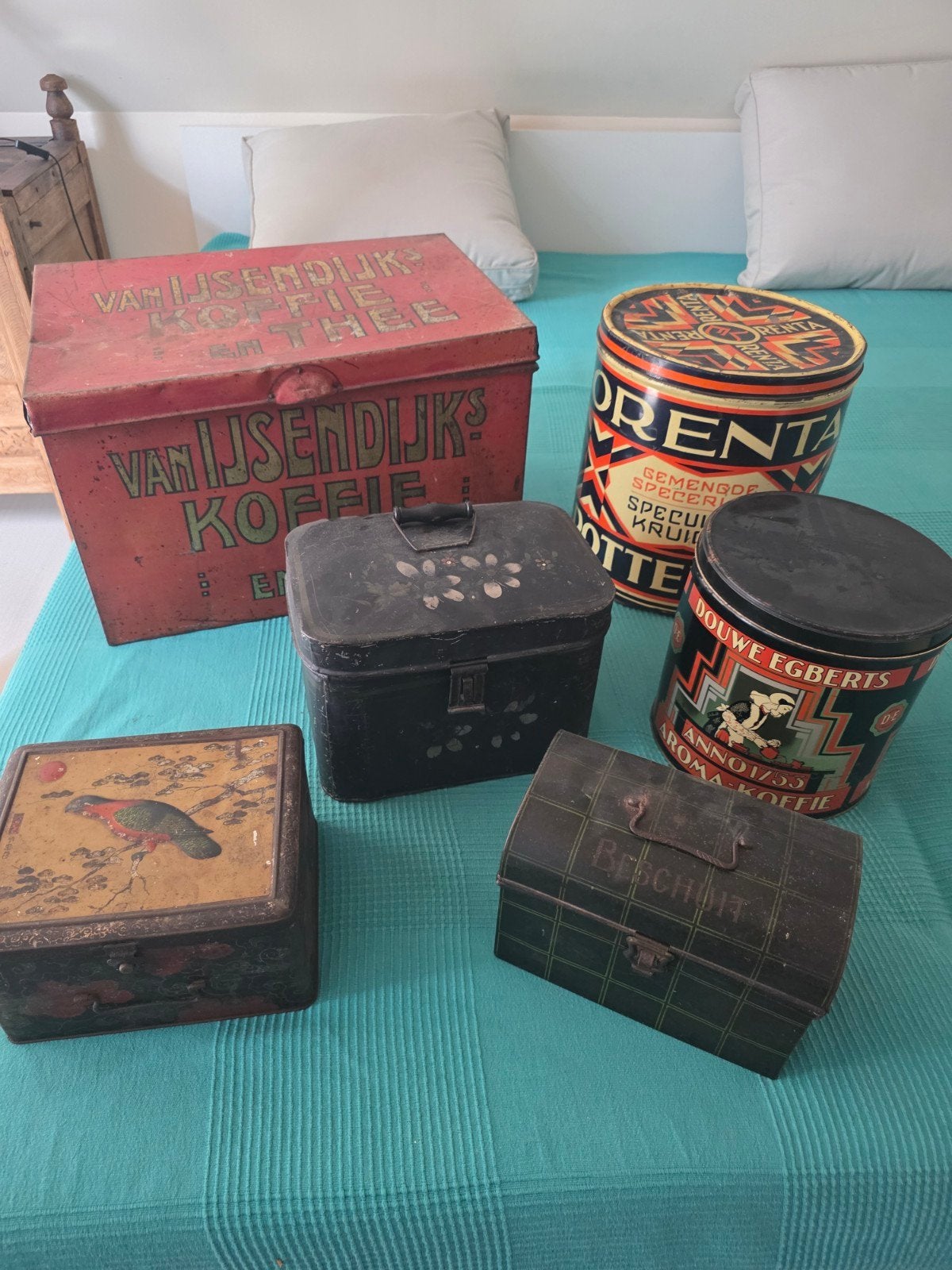Set van 6 Antieke Blikken en Koffie/Theebussen, Ophalen