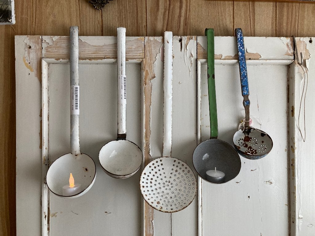 Brocante oude emaille soeplepels, juslepels & schuimspaan, Ophalen of Verzenden