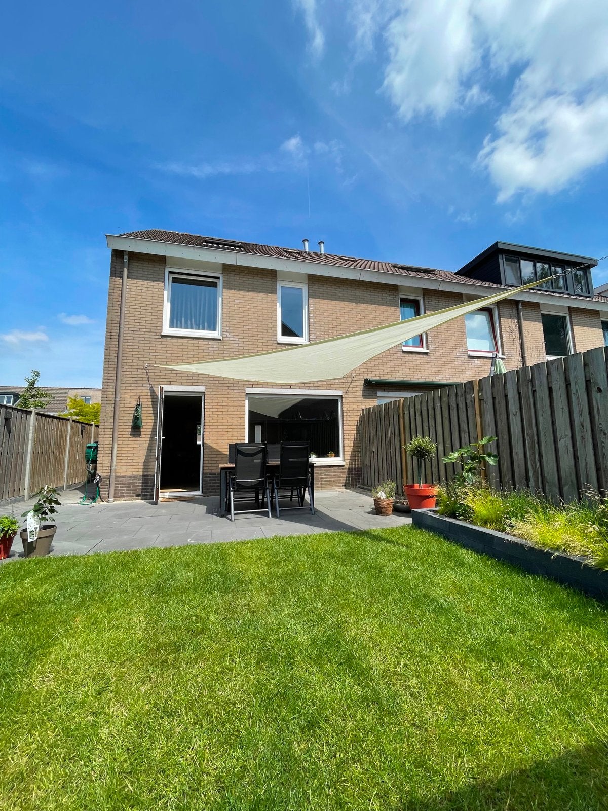 Schaduwdoek 4x5x6,4 incl. bevestigingsset - ivoor, Ophalen, Gebruikt
