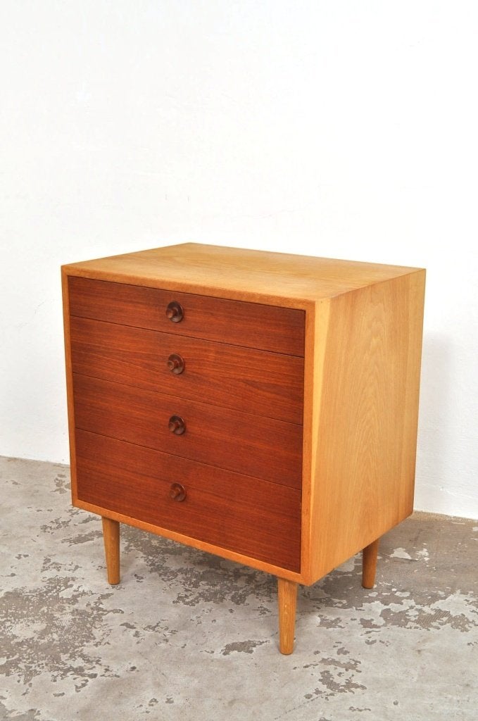Vintage Deense ladekast teak eiken Børge Mogensen jaren 50, Gebruikt, 3 of 4 laden, Minder dan 100 cm, 25 tot 50 cm