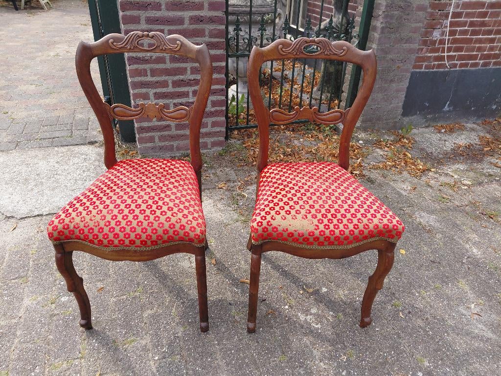 2 Biedermeier mahonie oorstoelen, rode gebloemde zitting., Ophalen