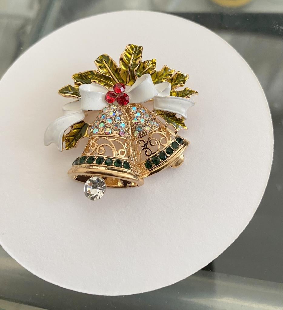 flonkerende broche 2 Kerstklokjes aan een strik, Kerstboom, Overige materialen, 4 tot 7 cm, Met strass, Nieuw