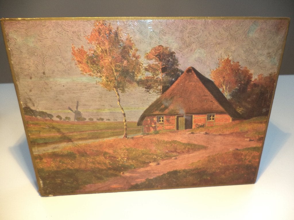 landschap met hoeve, molen beschilderde doos olieverf karton, Ophalen of Verzenden