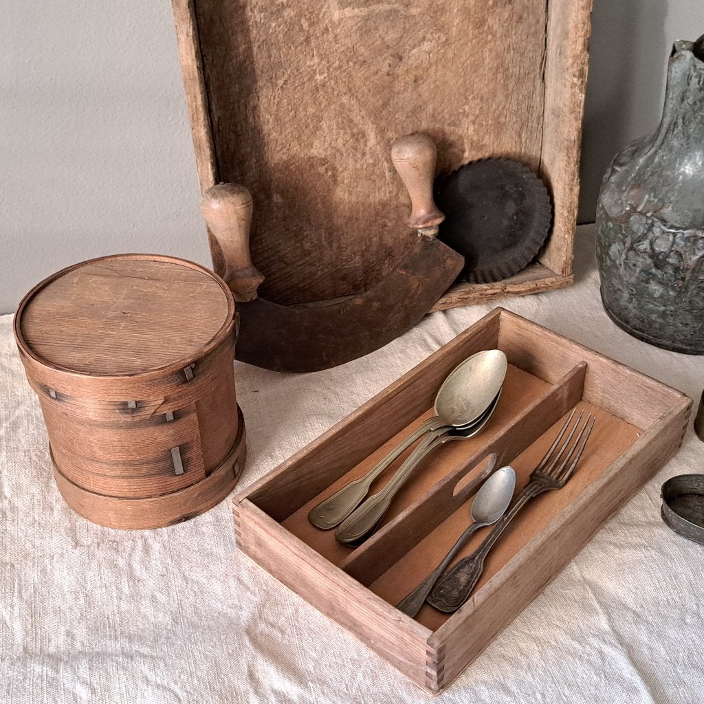 Brocante oude houten bestekbak bestek bak 2 vakken *Etage3*, Huis en Inrichting, Gebruikt, ., Ophalen of Verzenden, .