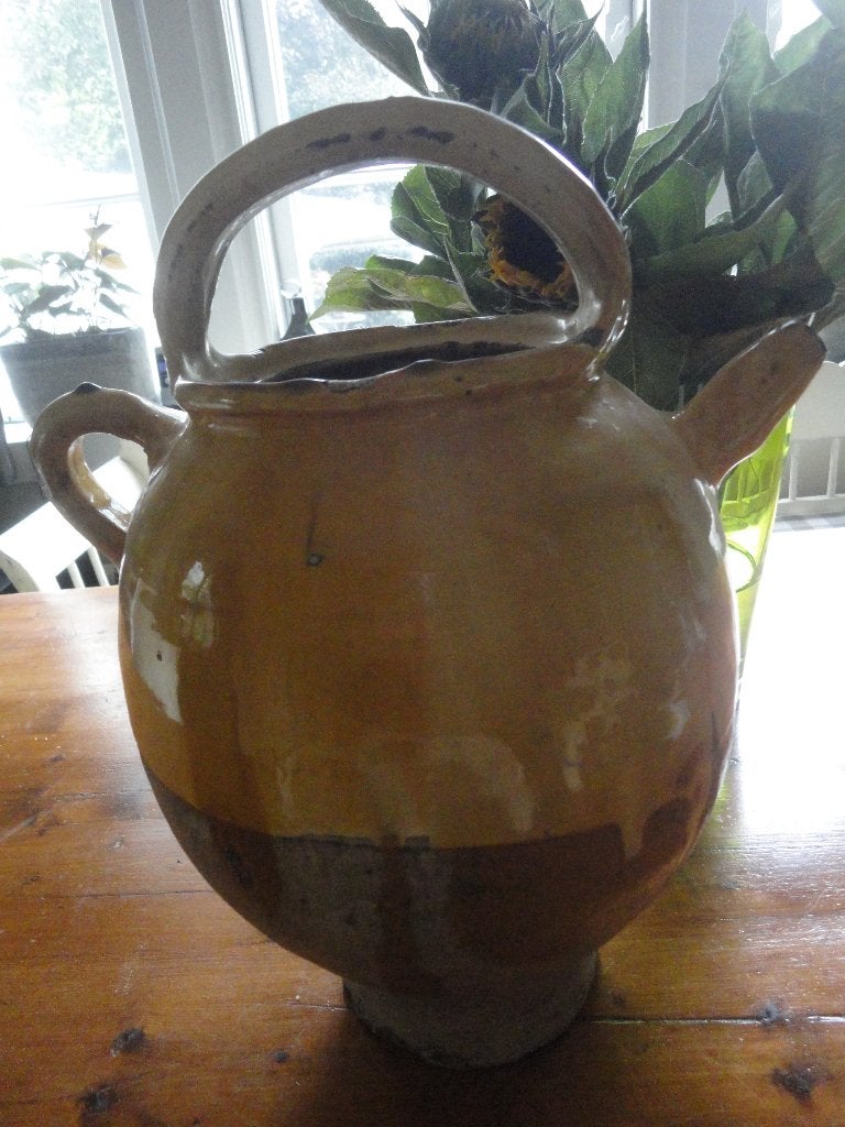 antieke OKERGELE FRANSE CONFITPOT met HENGSEL/TUIT, 40 cm, Ophalen
