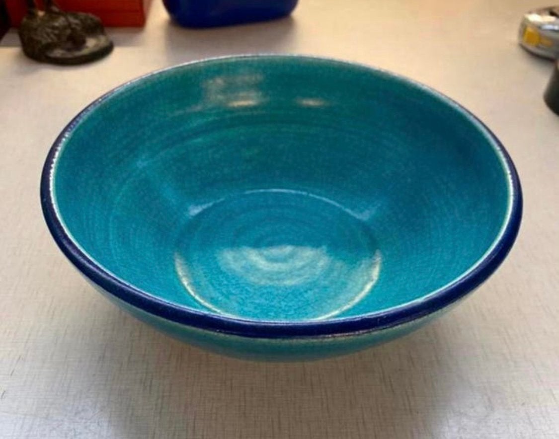 Ravelli Groen blauwe gecraqueleerde aardewerken schaal met, Antiek en Kunst, Ophalen of Verzenden