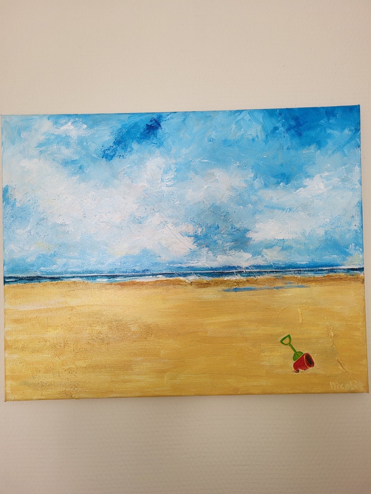 Schilderij: Zonnig strand met schepje, Doek, Ophalen of Verzenden, Handgeschilderd, Maritiem / water