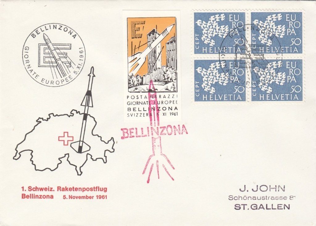Raketvlucht Zwitserland met speciaal vignet Bellinzona 1961, Ophalen of Verzenden, Overige typen