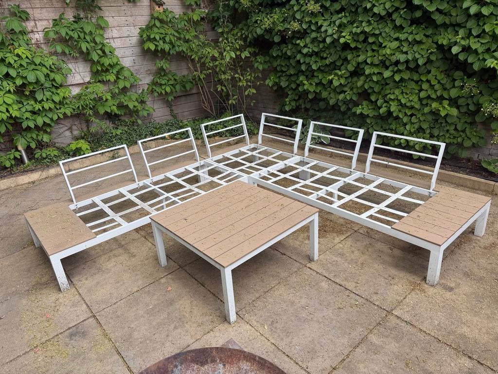 Moderne Loungeset met Tafel - Wit Aluminium & Kunsthout, Ophalen, 5 zitplaatsen, Gebruikt, Bank