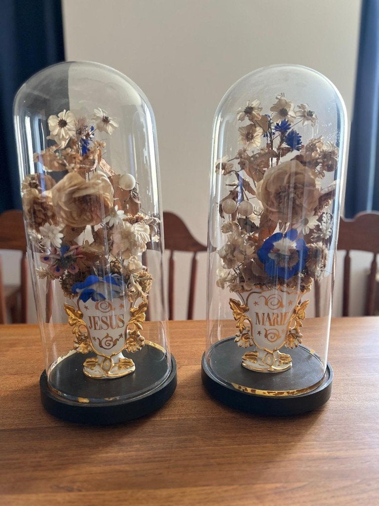 Antieke glazen stolpen met religieuze decoratie, Antiek en Kunst, Ophalen
