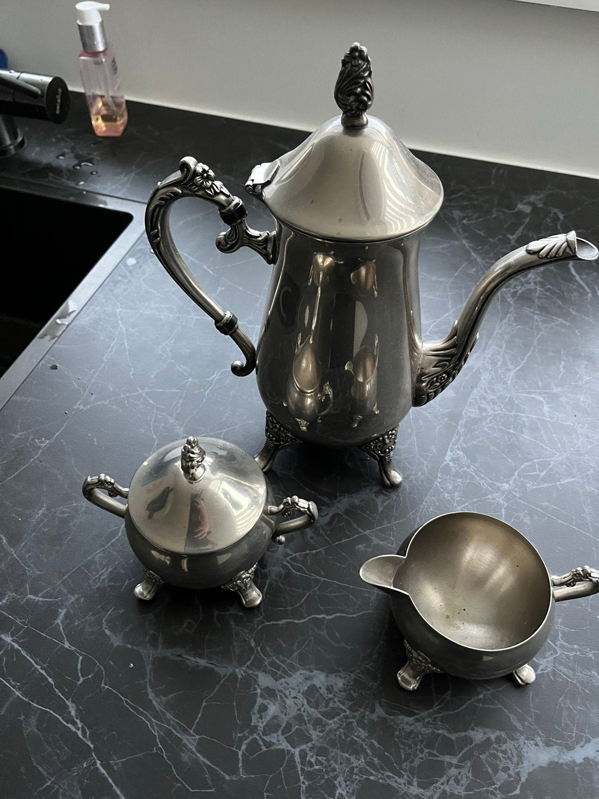 Vintage  theeservies - 3-delig, Antiek en Kunst, Antiek | Goud en Zilver, Ophalen of Verzenden, Zilver