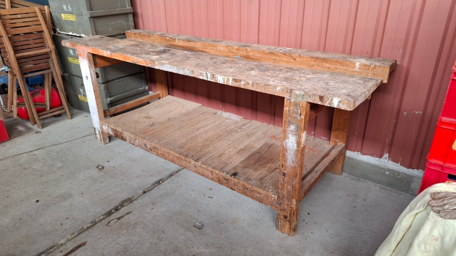 Robuuste houten werkbank met opbergplank, Ophalen, Gebruikt, 170 cm of meer