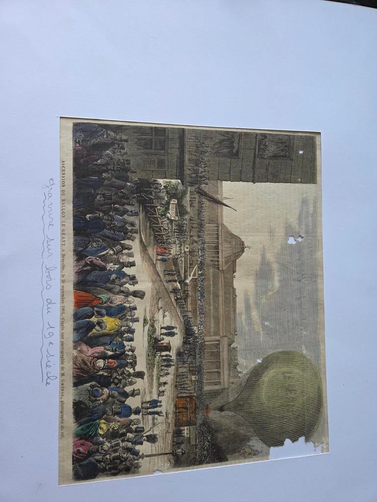 Antieke Gravure: Ballonvaart 'Le Géant' Brussel 1864, Ophalen of Verzenden