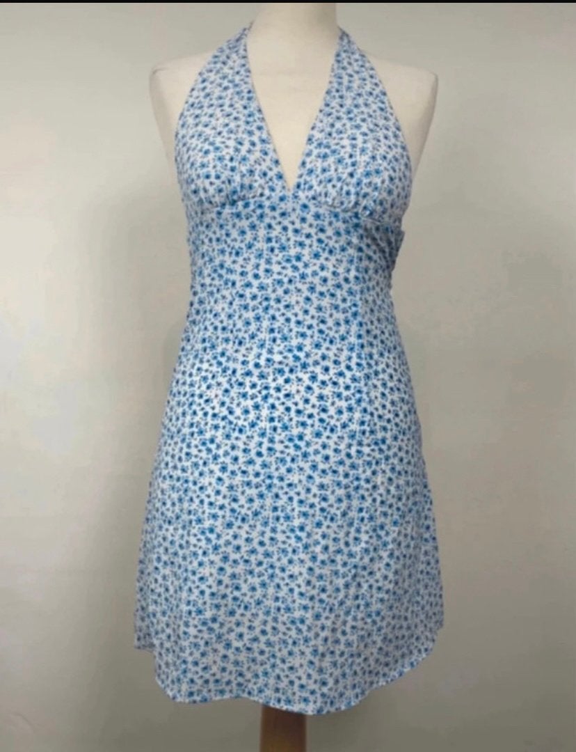 H&M jurk – wit met blauwe bloemen – halter – maat 36, Verzenden, Wit, Zo goed als nieuw, Maat 36 (S)