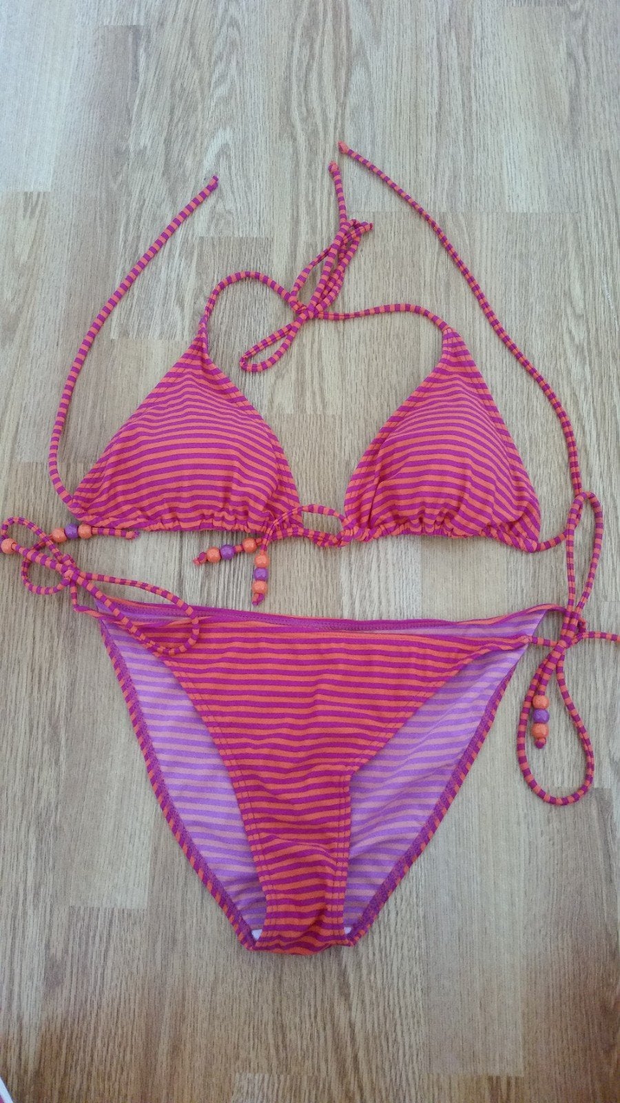 Prachtige Roze met Oranje Gestreepte Triangel Bikini - L, Ophalen of Verzenden, Zo goed als nieuw, Oranje, Bikini