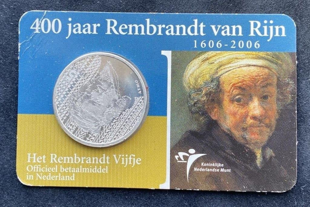 Zilveren 5 Euro 2006 – 400 jaar Rembrandt van Rijn Coincard, Koningin Beatrix, Zilver, Euro's, Ophalen of Verzenden