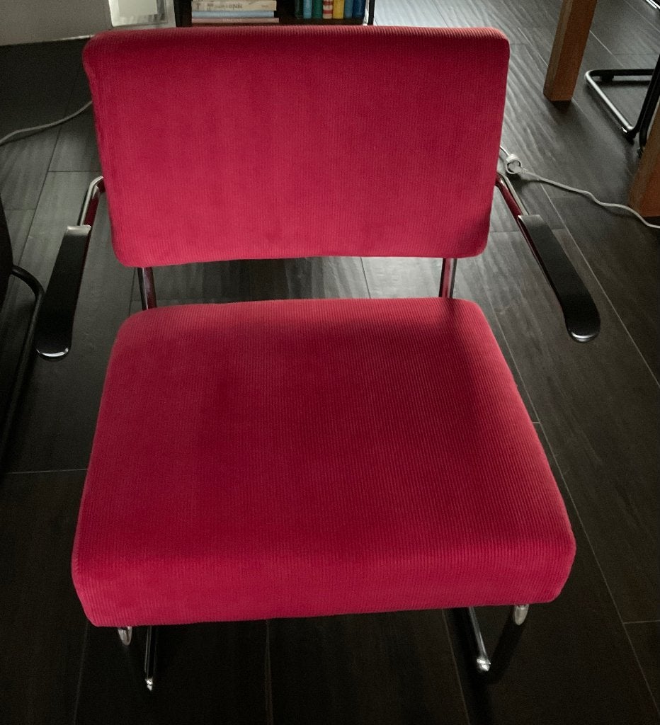 Retro fauteuil IJLST rode / roze kleur ribstof relax stoel, Ophalen, Minder dan 75 cm, Zo goed als nieuw, Metaal