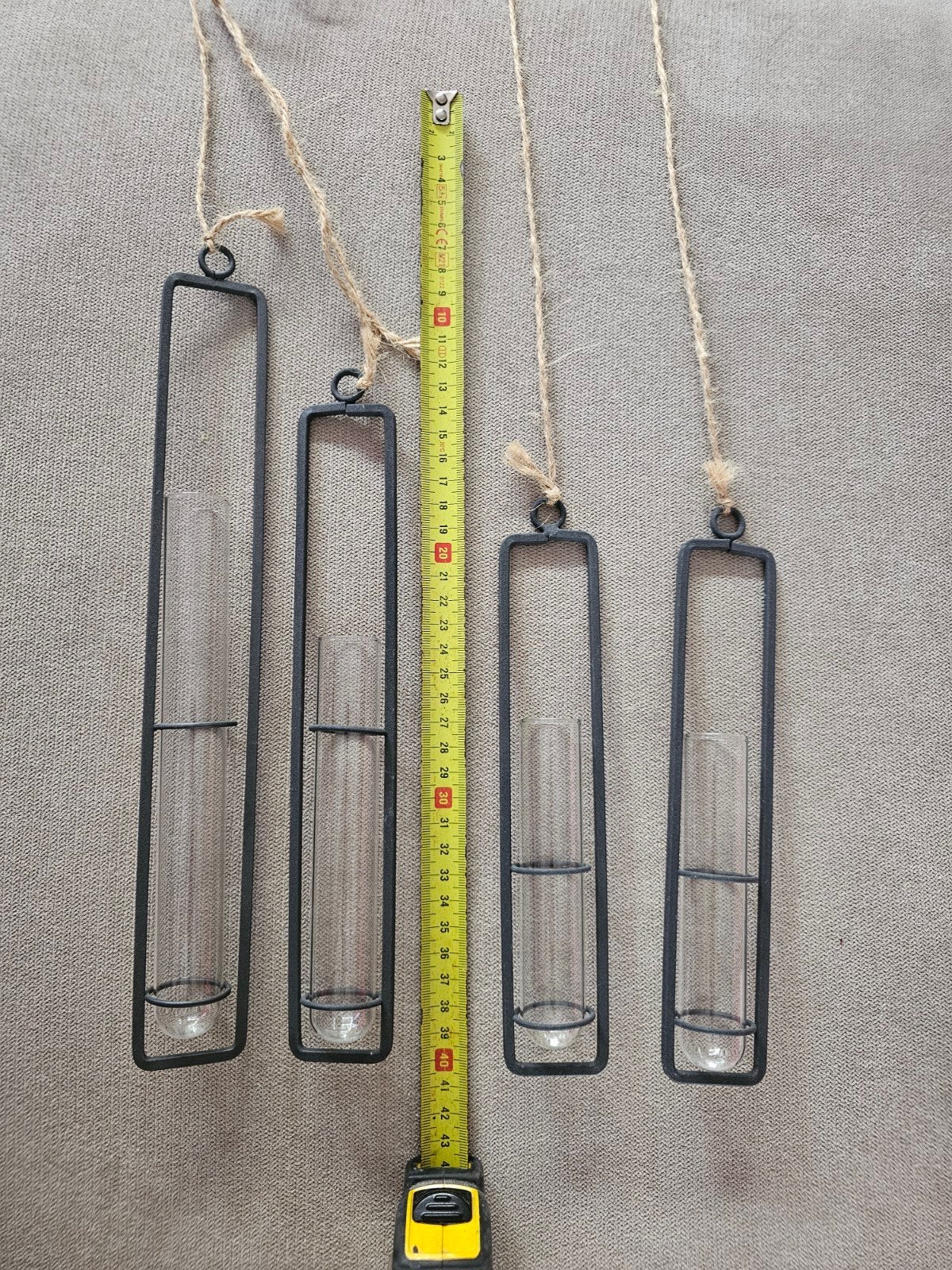 Set van 4 hangende vazen met metalen frame en touw, Ophalen, Zwart, Nieuw, Glas