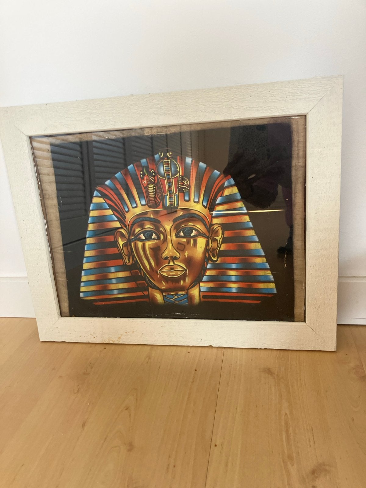 Papyrus schilderij Egyptische Toetanchamon in lijst, Overige technieken, Ophalen of Verzenden, Handgeschilderd, Klassiek